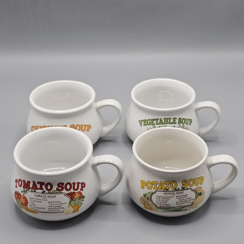 Vtg DDI 4pc Soup Recipe Coffee Mug Set Ceramic Tomato/Chicken/Potato/Veggie